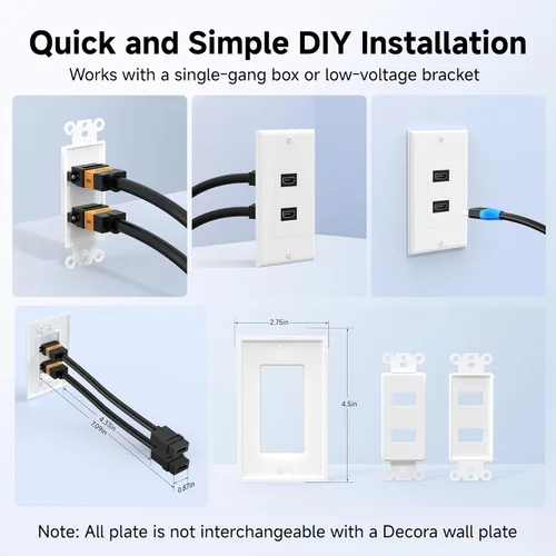 Miniatura 5 de Cable Matters Paquete de 2 placas de pared HDMI de 2 puertos en blanco (soporte de paso 4K UHD, ARC y Ethernet)