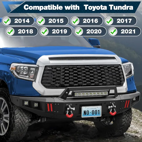 Miniatura 7 de Parachoques delantero Tundra para Tundra 2014-2021, parachoques de acero inoxidable texturizado negro con placa de grúa, barra de luz larga de 144W