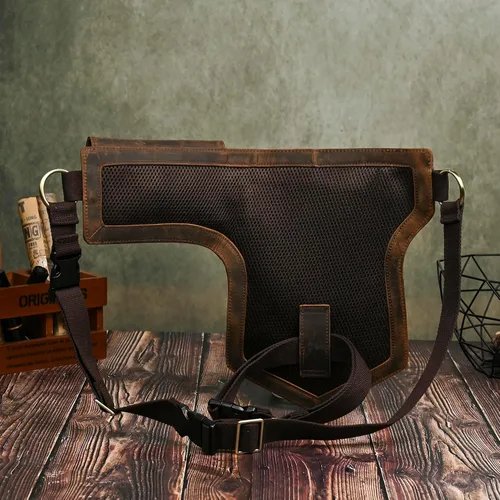 Miniatura 4 de Lona resistente al agua más cuero motocicleta riñonera un hombro gota pierna muslo bolsa para hombres mujeres N211-8, Marrón, Estilo vintage retro