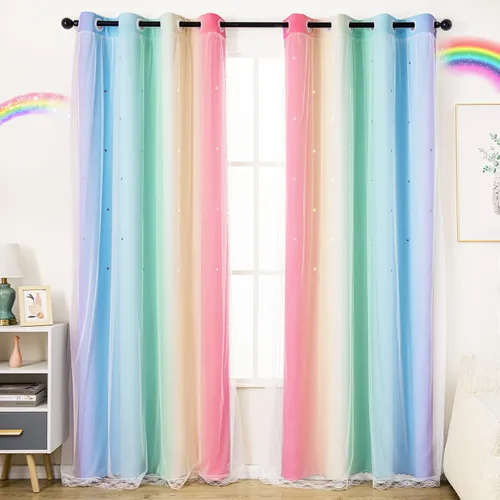 Miniatura 12 de UNISTAR - 2 paneles de cortinas opacas y transparentes con estrellas para dormitorio de niñas, niños, habitación de bebé, cortinas de doble capa