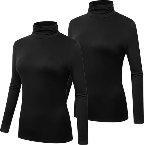Miniatura 2 de Formeet17 Paquete de 2 camisetas de manga larga con cuello alto para mujer, básica, elástica, cómoda, cuello alto