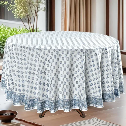 Miniatura 36 de Ridhi Mantel redondo de algodón reutilizable con estampado de bloque a mano, color verde espárragos, 60 pulgadas, mantel decorativo para uso diario