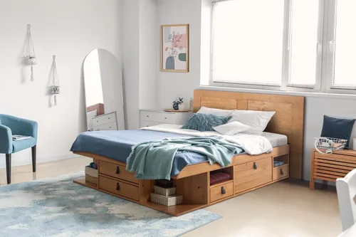 Miniatura 32 de Memomad Bali Slim Set: Plataforma de almacenamiento con cajones + Cabecero de panel plano (Tamaño completo, madera marrón roble)