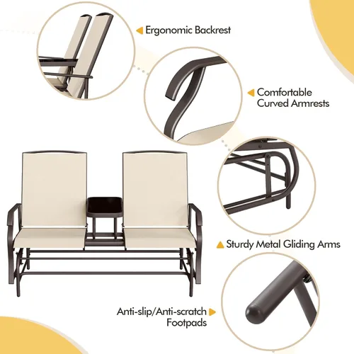Miniatura 5 de Yaheetech Planeador de 2 asientos para exteriores con mesa central, sofá biplaza mecedora para patio con marco de metal resistente de malla Beige