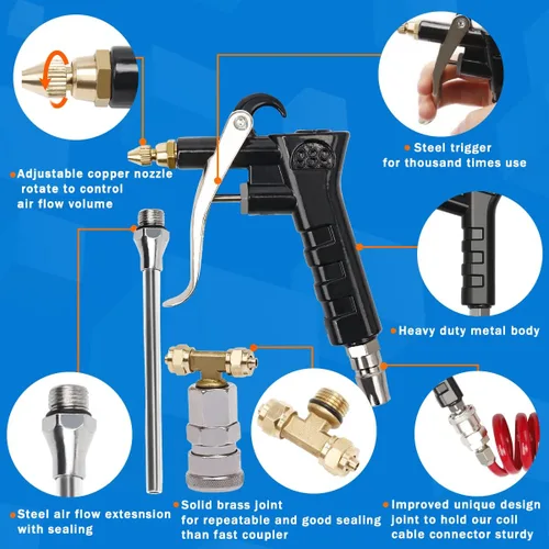 Miniatura 2 de Kit de Pistola de Aire para Camión Pesado con 9 Metros de Manguera Enrollable y 2 Puntas de Boquilla Intercambiables - Kit de Pistola de Aire