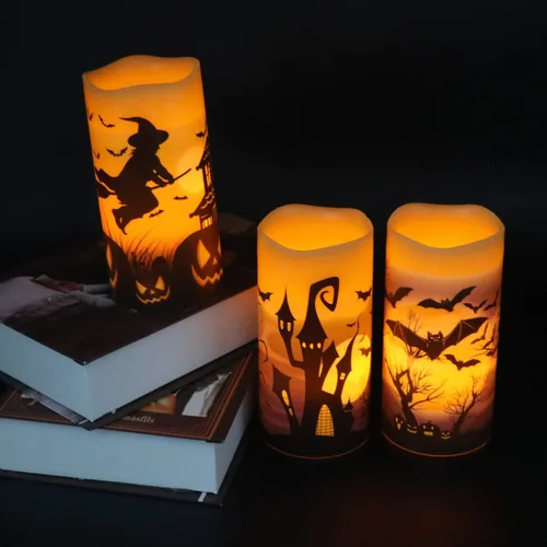 Miniatura 7 de Eldnacele Velas LED sin llama parpadeantes de Halloween, funcionan con pilas, con temporizador de 6H, calcomanías de calavera, telaraña, cuervo