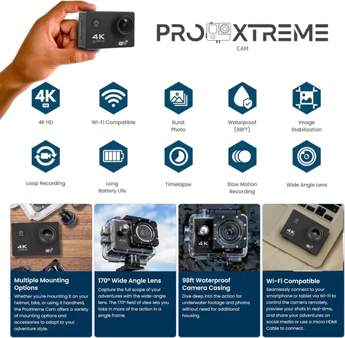 Miniatura 2 de Cámara de acción Pro Xtreme 4K – Cámara de video impermeable Ultra HD con Wi-Fi, lente gran angular de 170°, estabilización de imagen, múltiples