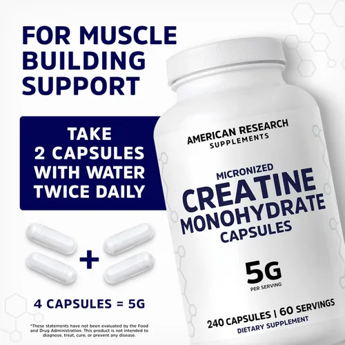 Miniatura 4 de Cápsulas de monohidrato de creatina 5G 60 porciones Veganas 4 cápsulas por porción Píldoras de creatina micronizada 5000 mg 240 cápsulas