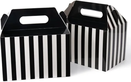 Happyhiram 50 Cajas de Regalo Grandes con Asas de Rayas Negras y Blancas, 9x6x6 Cajas de Regalo Gable Cajas de Favor de Fiesta Caja de Llevar Estilo