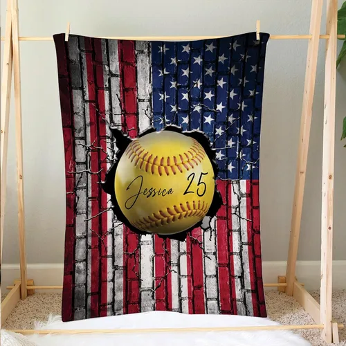 Miniatura 3 de Manta de sóftbol personalizada, manta de bandera de EE. UU., manta de forro polar Sherpa suave y acogedora, manta de sóftbol para mamá, hija, niño