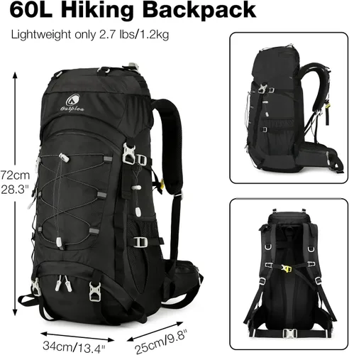Miniatura 2 de Mochila de senderismo de 60 L con cubierta para lluvia, mochila larga impermeable para hombres y mujeres, mochila de mochila, mochila grande