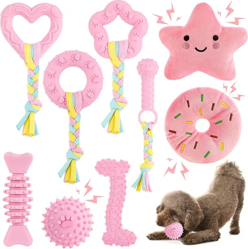 Miniatura 8 de Paquete de 9 juguetes de color rosa para cachorros para dentición, interactivos para mantenerlos ocupados, lindo juguete de goma suave para perros