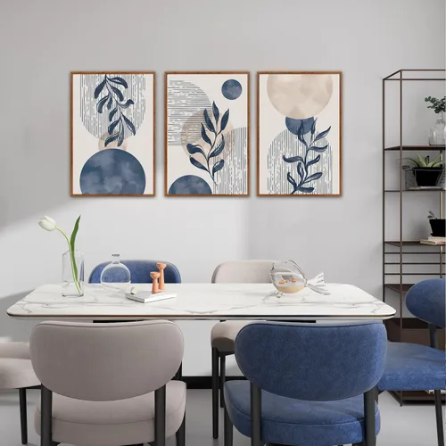Miniatura 6 de KAIRNE Juego de Arte de Pared de Plantas Boho de 3 Piezas, Lienzo Enmarcado Bohemio Azul, Pintura de Pared de Líneas Geométricas Abstractas, Arte