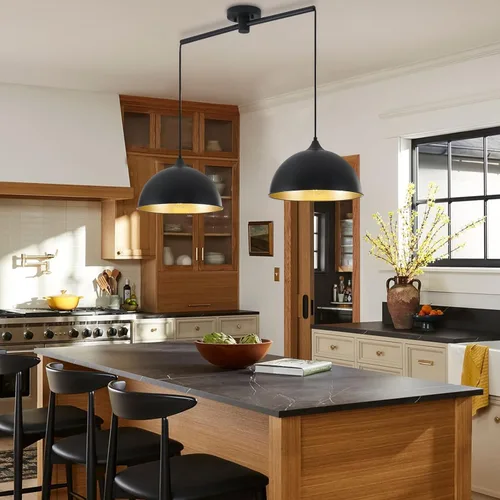 Miniatura 5 de Luces Colgantes para Isla de Cocina, Paquete de 2 Lámparas Colgantes de Cúpula Negras y Doradas, Accesorios de Iluminación Industrial Vintage, Negro