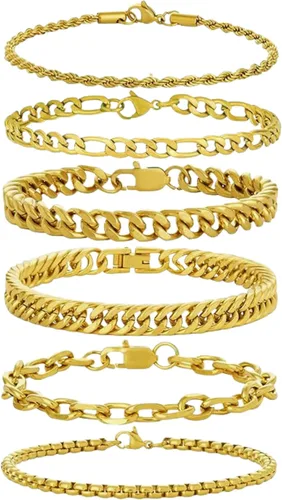 Miniatura 12 de XIANNVXI Juego de 6 pulseras de acero inoxidable para hombre y mujer, color plateado/dorado/negro, pulseras de eslabones cubanos, estilo soga