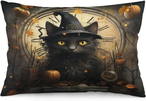 Miniatura 26 de Funda de almohada con sombrero de bruja con diseño de gato de 20 x 30 pulgadas, diseño de impresión de doble cara con cremallera invisible, Patrón 8