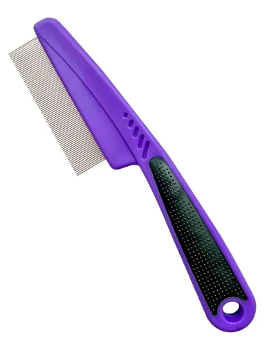 Yumflan Peine de pulgas con mango de goma, peines para pulgas y garrapatas para perros y gatos, peine de dientes finos para perros para aseo (morado)