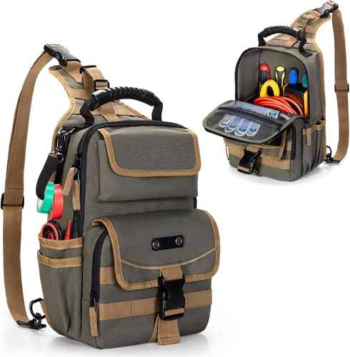 Miniatura 9 de Bolsa de herramientas para electricistas Trahzia, organizador de herramientas HVAC con cremallera, asa ergonómica y correa de hombro para técnicos