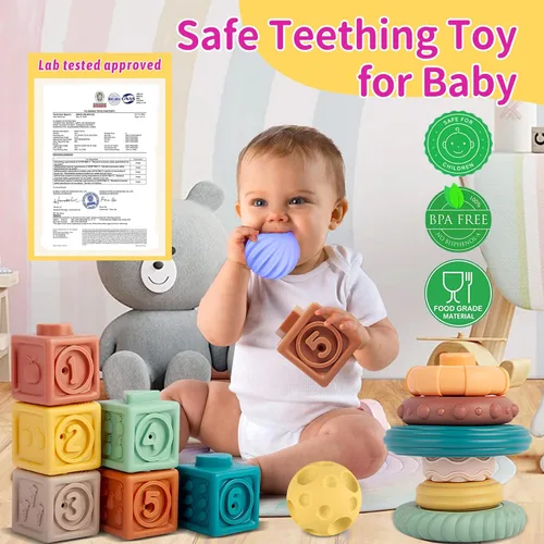 Miniatura 2 de Juguetes Montessori para bebés, juguetes 3 en 1 para bebés de 6 a 12 meses, bloques apilables, bolas sensoriales y anillos de dentición suaves, Caja