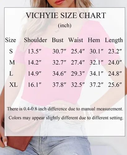 Miniatura 9 de VICHYIE Camisas de verano para mujer, cuello redondo, manga corta, acanaladas, ajustadas, casuales, básicas