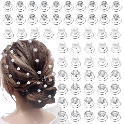 Miniatura 10 de Juego de 60 piezas de gemas con diamantes de imitación giratorios, horquillas para el cabello con diamantes en espiral, perlas y flores, pasadores
