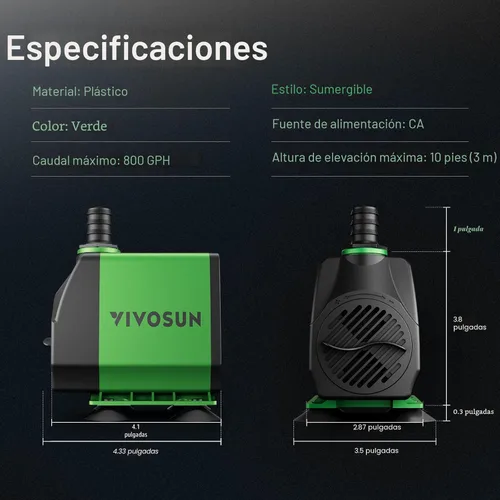 Miniatura 6 de VIVOSUN Bomba Sumergible de 800GPH (3000L/H, 24W), Bomba de Fuente de Agua Ultra Silenciosa con Elevación Alta de 10 pies con Cable de Alimentación