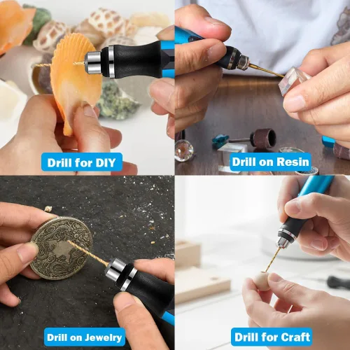 Miniatura 7 de Mini taladro inalámbrico de 3 velocidades con 8 brocas pequeñas, taladro eléctrico de mano recargable con mordaza, juego de brocas de resina