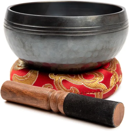 Miniatura 9 de Juego de cuencos tibetanos de latón, grado curativo maestro, auténtico cuenco de sonido hecho a mano por Himalayan Bazaar Negro