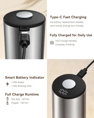 Miniatura 10 de Juego de molinillo eléctrico de sal y pimienta, tipo C recargable con pantalla de nivel de batería LED, salero y pimentero de acero inoxidable
