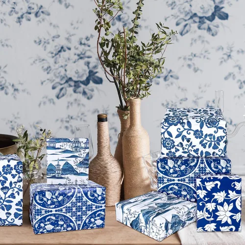 Miniatura 7 de Whaline 12 hojas de papel de regalo chinoiserie azul de 19.7 x 27.6 pulgadas, papel de regalo floral de porcelana de paisaje chino clásico, papel
