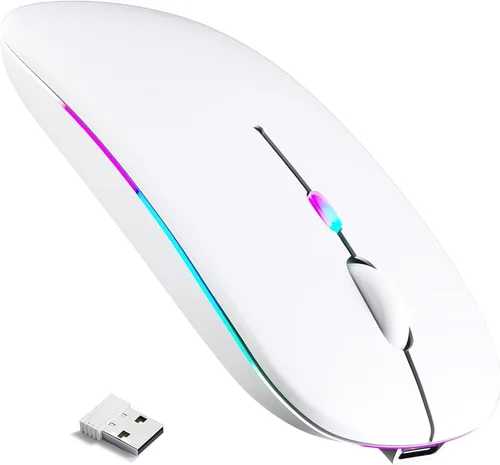 Ratón inalámbrico recargable, mouse inalámbrico LED Bluetooth para iPad, mouse de computadora portátil delgado con receptor USB, conexión dual BT5.4
