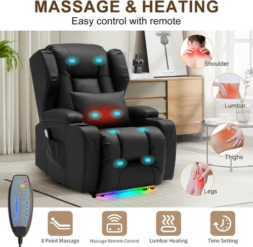 Miniatura 6 de DRMBOOK Silla Reclinable Eléctrica, Sofá Reclinable Eléctrico Wall Hugger con Masaje y Calor, Asiento de Teatro Sobrerelleno con Puerto