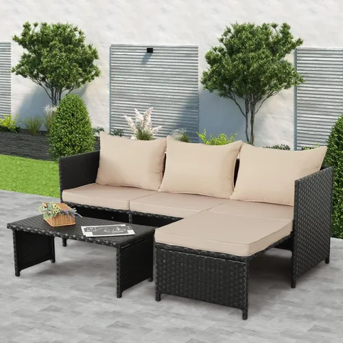 Miniatura 3 de Valita Juego de muebles de ratán PE para exteriores, 3 piezas, para patio, sofá biplaza de conversación de mimbre negro, sofá seccional, cojín caqui