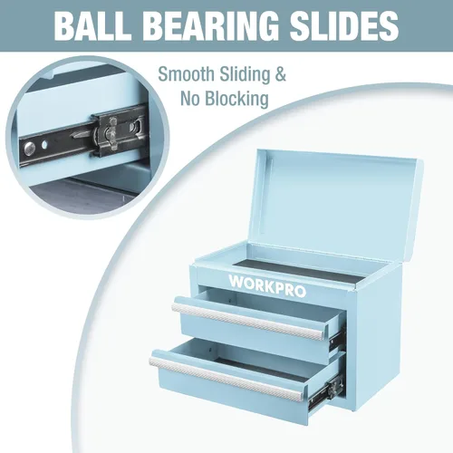 Miniatura 4 de WORKPRO Caja de herramientas mini de metal, cajonera superior con dos cajones con guías de rodamiento de bolas, forros de PVC para cajones y Azul