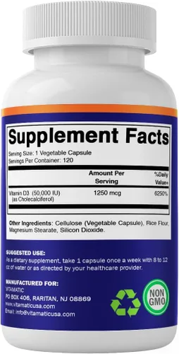 Miniatura 8 de Vitamatic Vitamina D3 50,000 UI (como colecalciferol), dosis semanal, 1250 mcg, 120 cápsulas vegetales, fórmula progresiva que ayuda a