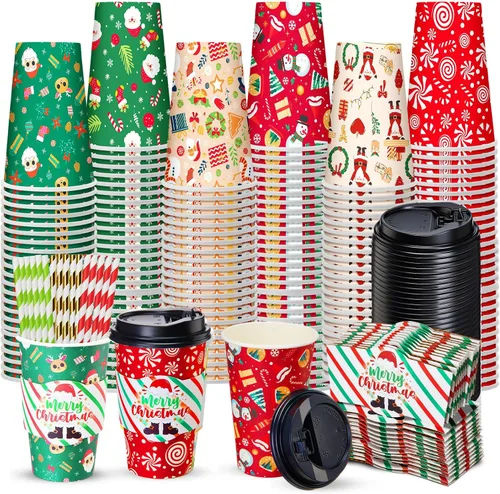 Miniatura 7 de Jingmore Juego de 120 tazas de café de papel desechables de 16 onzas con tapas, fundas para pajitas, vasos de papel para bebidas frías calientes