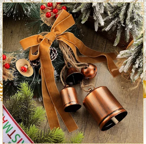 Miniatura 6 de Juego de 2 campanas rústicas de vaca de Navidad con cinta de terciopelo caqui de 25 yardas, campanas colgantes vintage navideñas hechas a mano
