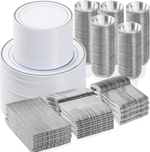 Miniatura 20 de BESTVIP Juego de vajilla de plástico de 150 piezas (25 invitados), platos desechables de oro transparente para fiestas, bodas, Navidad, aniversario