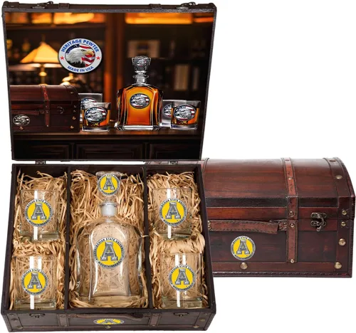 Miniatura 44 de Heritage Pewter Alabama Capitol - Juego de baúl Recipiente de líquido de 24 onzas con 4 vasos de agua Vidrio de peltre elaborado por expertos
