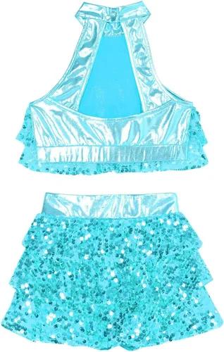 Miniatura 42 de JEATHA Top corto con borlas y lentejuelas brillantes para niñas, con minifalda, jazz latino, salsa, samba, rumba, baile