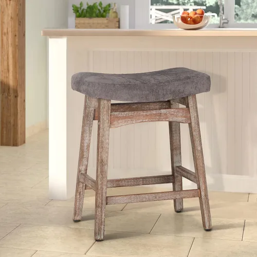 Miniatura 23 de Taburete de bar gris de madera maciza para encimera de cocina, taburete de bar con asiento de cuero sintético, taburete tapizado para isla de 34 a
