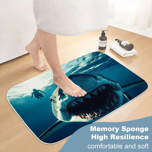 Miniatura 6 de Divertidas alfombras de baño de terciopelo coral con mandíbulas náuticas subacuáticas con diseño de tiburón y playa, antideslizantes, juego de Azul