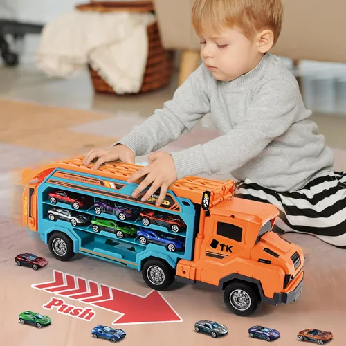 Miniatura 5 de Juguetes de camión para niños pequeños, camión transportador de automóvil de juguete para niños de 3 a 5 4 a 8 años, juegos de pista de autos Naranja