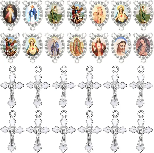 Juego de 30 dijes de joyería religiosa mixta con diamantes de imitación y medallones de santo (dijes de tres agujeros, 15 piezas + 15 piezas
