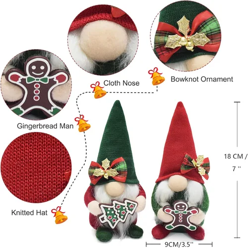 Miniatura 2 de Attiigny - Gnomos de Navidad de felpa con jengibre, gnomo navideño hecho a mano, sueco nórdico, rojo verde, figura de gnomo clásico, regalos de elfo