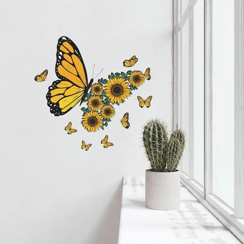 Miniatura 4 de Calcomanías de pared cálidas de girasol y mariposas, diseño de mariposas amarillas, calcomanías de pared removibles de vinilo para despegar y pegar