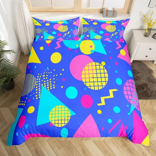 Miniatura 12 de Juego de funda de edredón retro de los años 80 y 90 para hombres y niños, tamaño matrimonial, con formas geométricas redondas triangulares, funda