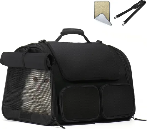 Miniatura 9 de Transportador FUKUMARU para gatos, transportador para perros pequeños con 4 ventanas de malla, bolsa de viaje para gatos con 4 bolsillos de Rosa