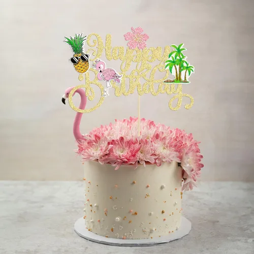 Miniatura 5 de Gyufise 1 pieza de decoración de pastel de feliz cumpleaños tropical hawaiano Luau pastel Pick Glitter Flamingo Flower Plam Leave Pineapple Cake