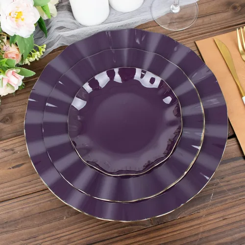 Miniatura 91 de Tableclothsfactory Paquete de 10 platos redondos de plástico negro de 6 pulgadas para ensalada de postre, platos desechables con borde ondulado